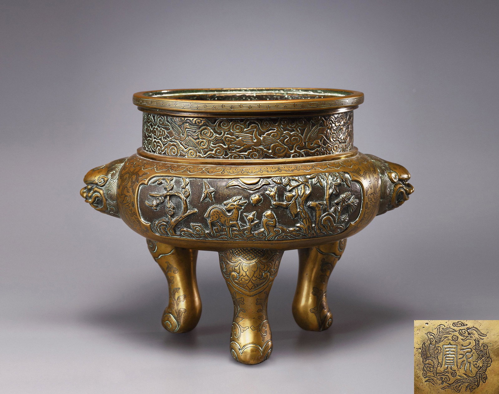 A COPPER 'ANIMALS' DOUBLE-HANDLED CENSER Qing Dynasty (1 of 1)