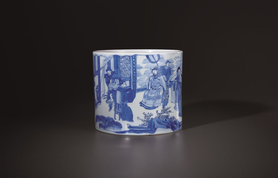 A BLUE AND WHITE 'STORY FIGURAL' BRUSHPOT: 18.4 cm Diam.; 15.7 cm Height Collection of Anthony Hastings George(1886-1944)Sotheby's New York, 14th March 2017, lot 669