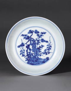 A Blue-and-white Dish with Ladies and 'Three Friends of Winter': Period of Chenghua, Ming Dynasty