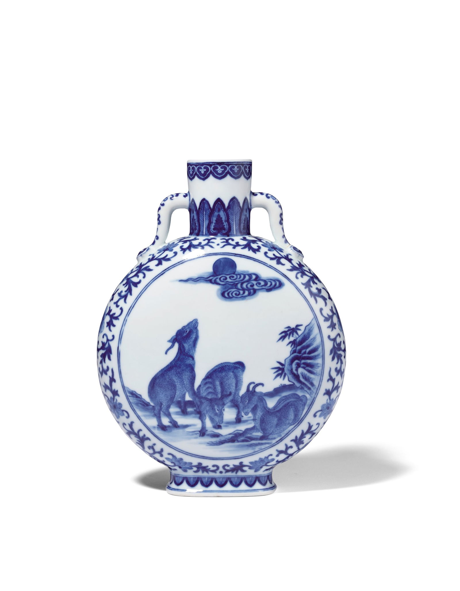 A BLUE-AND-WHITE MOONFLASK WITH 'THREE RAMS AUSPICIOUS' MOTIF: Mark and Period of Qianlong, Qing Dynasty23.7 cm Height