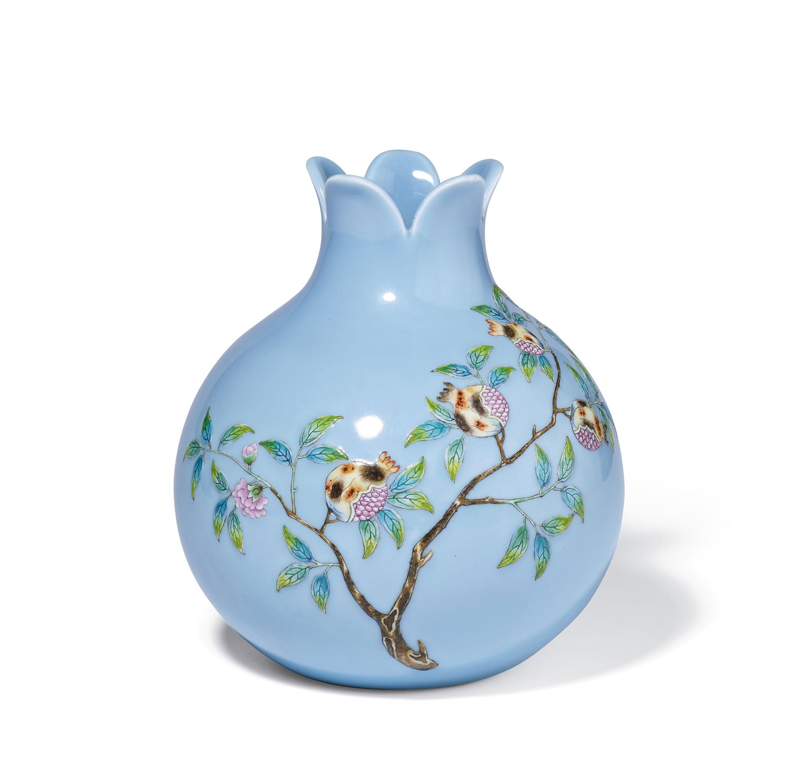 A BLUE-GLAZED POMEGRANATE VASE WITH FAMILLE-ROSE LONGEVITY (1 of 1)