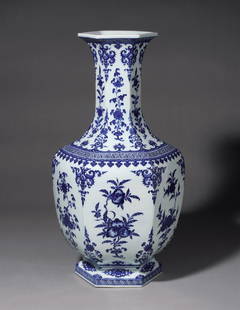 A BLUE-AND-WHITE HEXAGONAL 'THREE ABUNDANCES' VASE: Mark and Period of Qianlong, Qing Dynasty