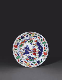 A Blue-and-white Famille-Verte Dish with 'Fu Lu Yan Mian' Figure Motifs: Mark and Period of Wanli, Ming Dynasty