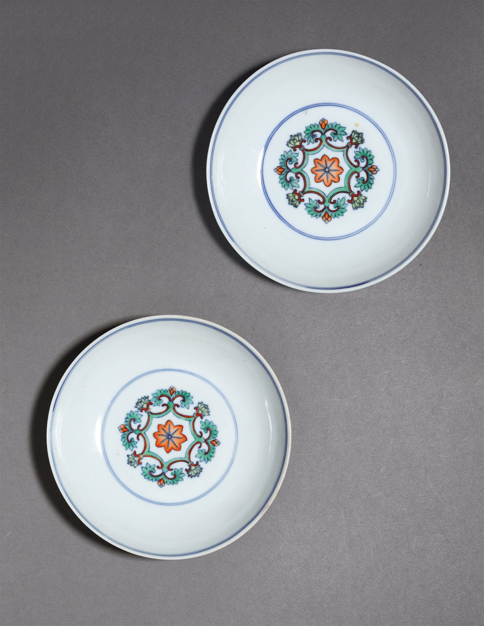 A Pair of Doucai Lotus and Clouds and Crane Dishes (1 of 1)