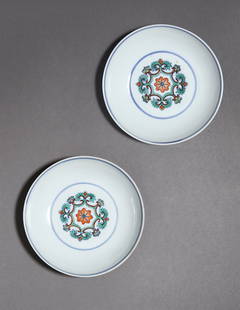 A Pair of Doucai Lotus and Clouds and Crane Dishes: Mark and Period of Qianlong, Qing Dynasty