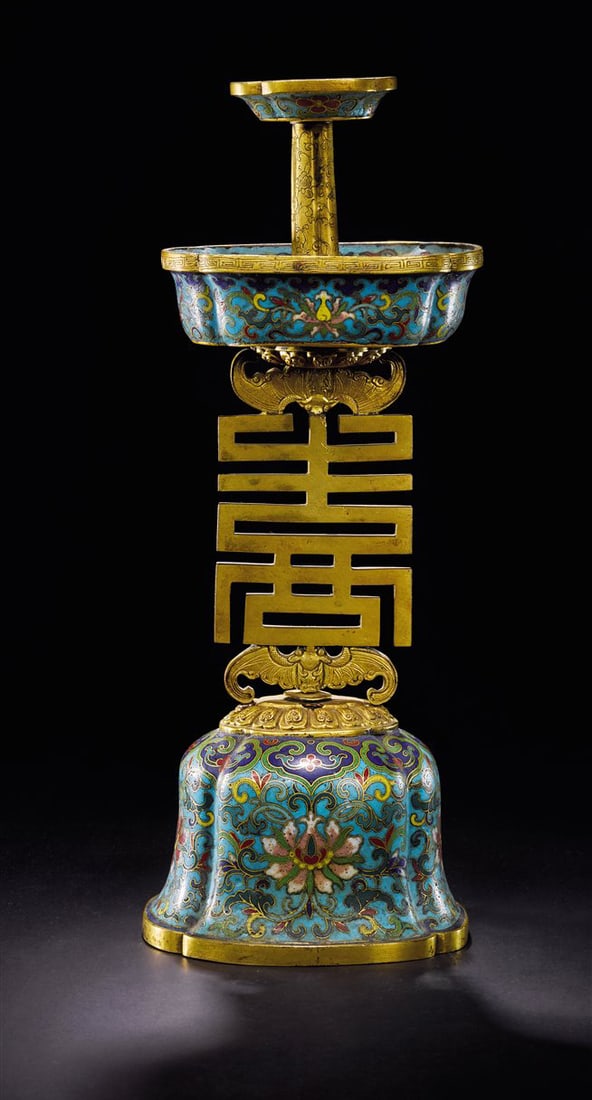 Copper and Enamel Candle Holder with Character SHOU: Period of Qianlong, Qing Dynasty
