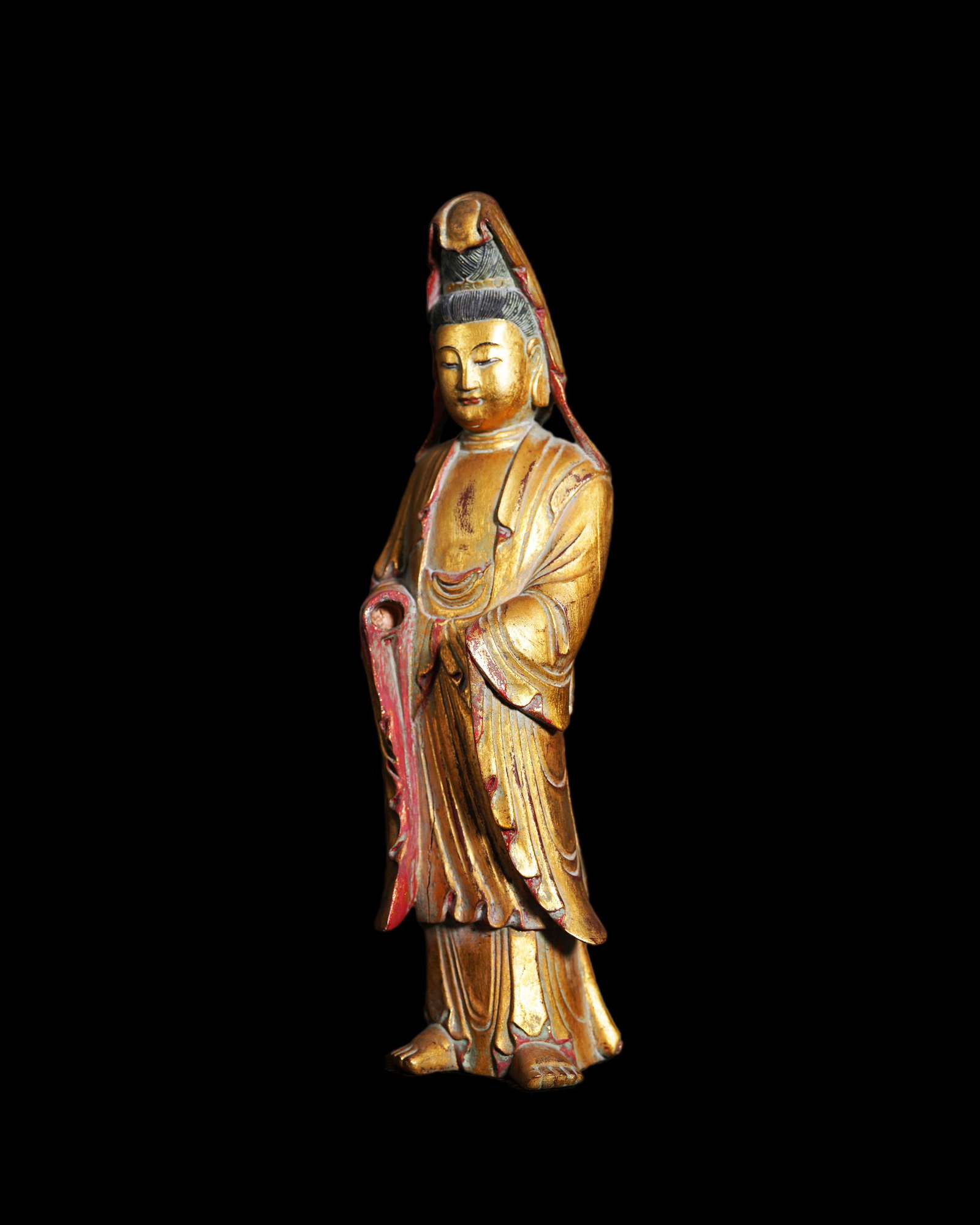 The Lacquer Wood Gold Standing Guanyin Statue, mid Qing dynasty 清中期 漆 (1 of 4)
