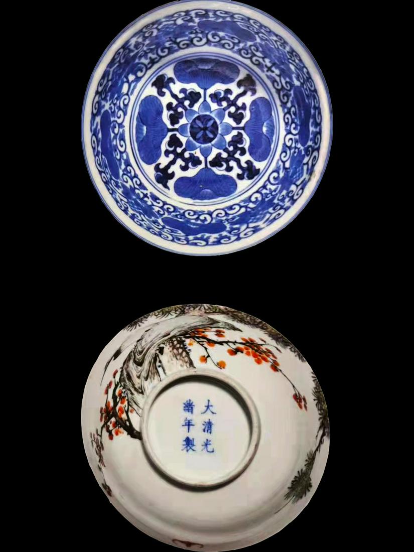 A Pair of Blue and White Light Crimson Porcelain Crane Pattern Bowls, Qing Dynasty (1 of 15)