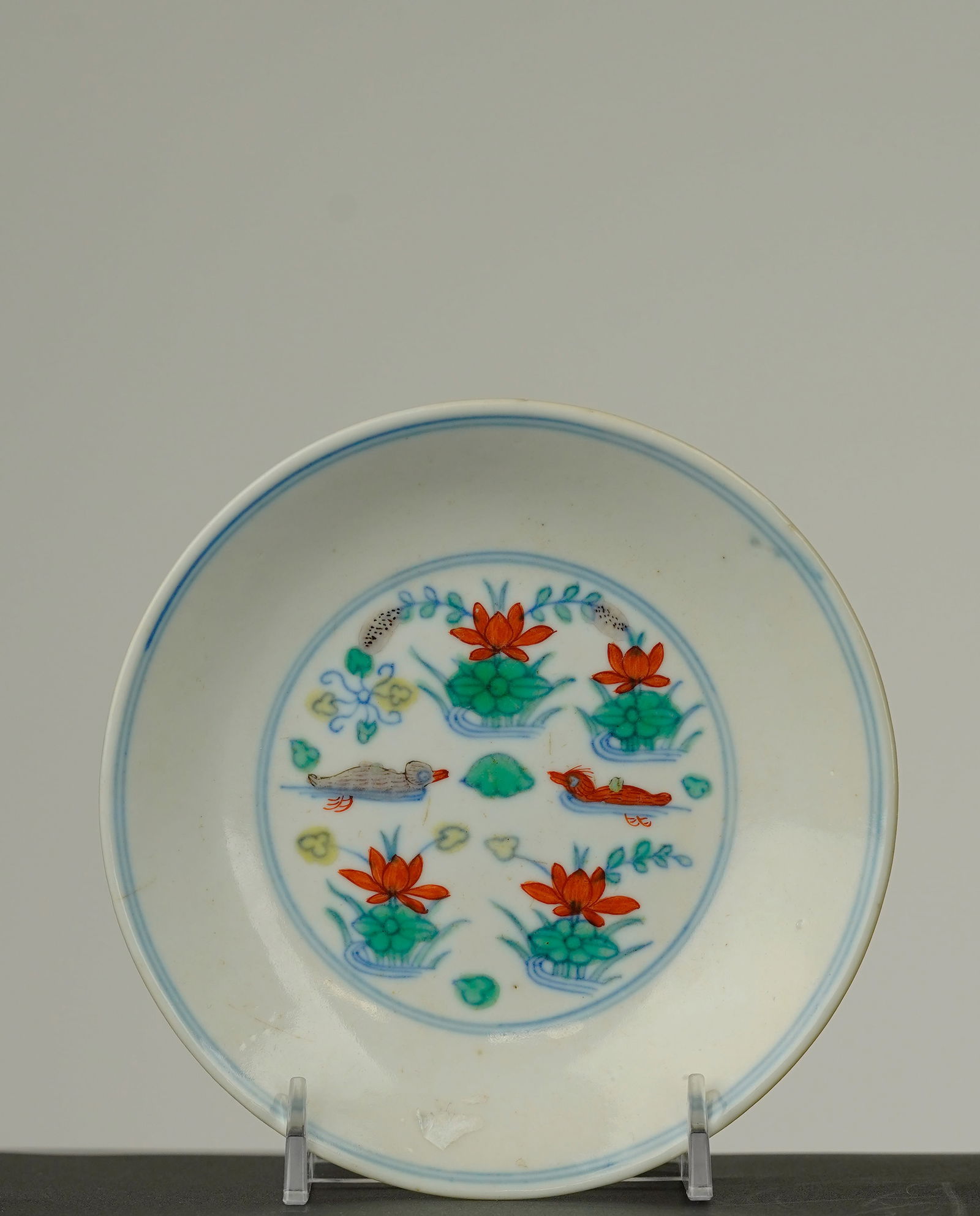 A Doucai Lotus and Mandarin Duck Porcelain Dish, Qing Dynasty Qianlong Period (1 of 6)