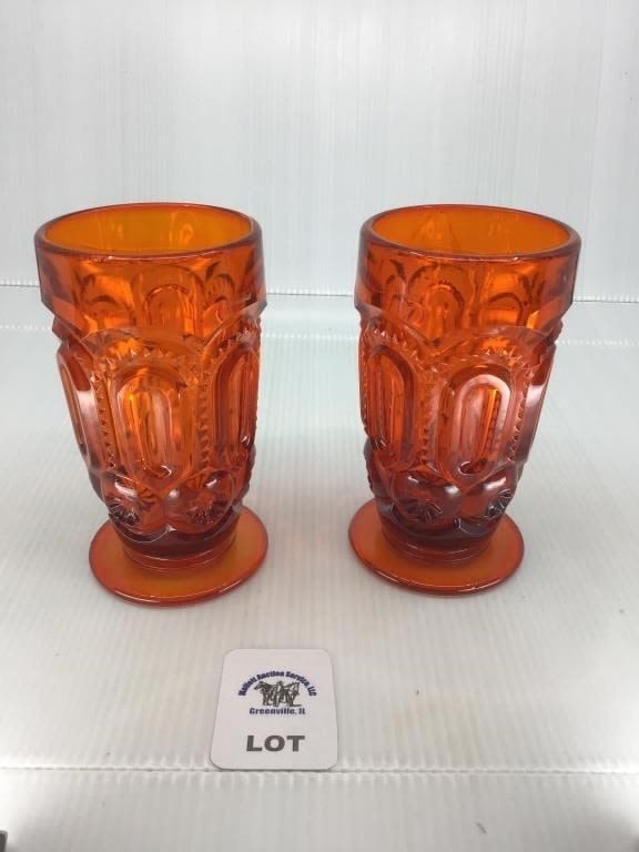 L E SMITH VINTAGE AMBERINA GLASS MOON & STARS: DRINKING TUMBLERS 2 pcs