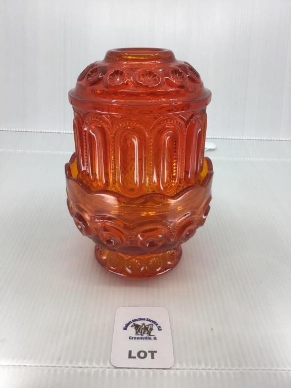 L E SMITH VINTAGE AMBERINA GLASS MOON & STARS: FAIRY LAMP 7 inch