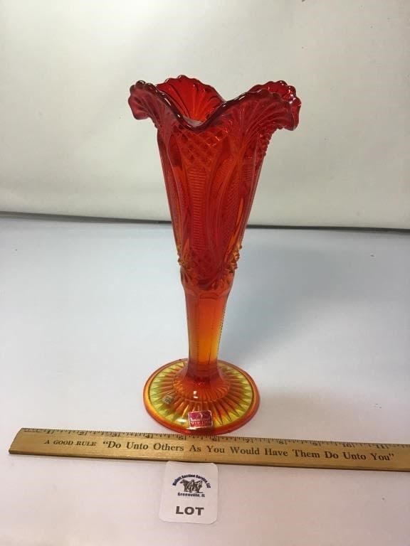 VIKING PATTERNED AMBERINA GLASS SCALLOPED EDGE: VASE 10 inches tall