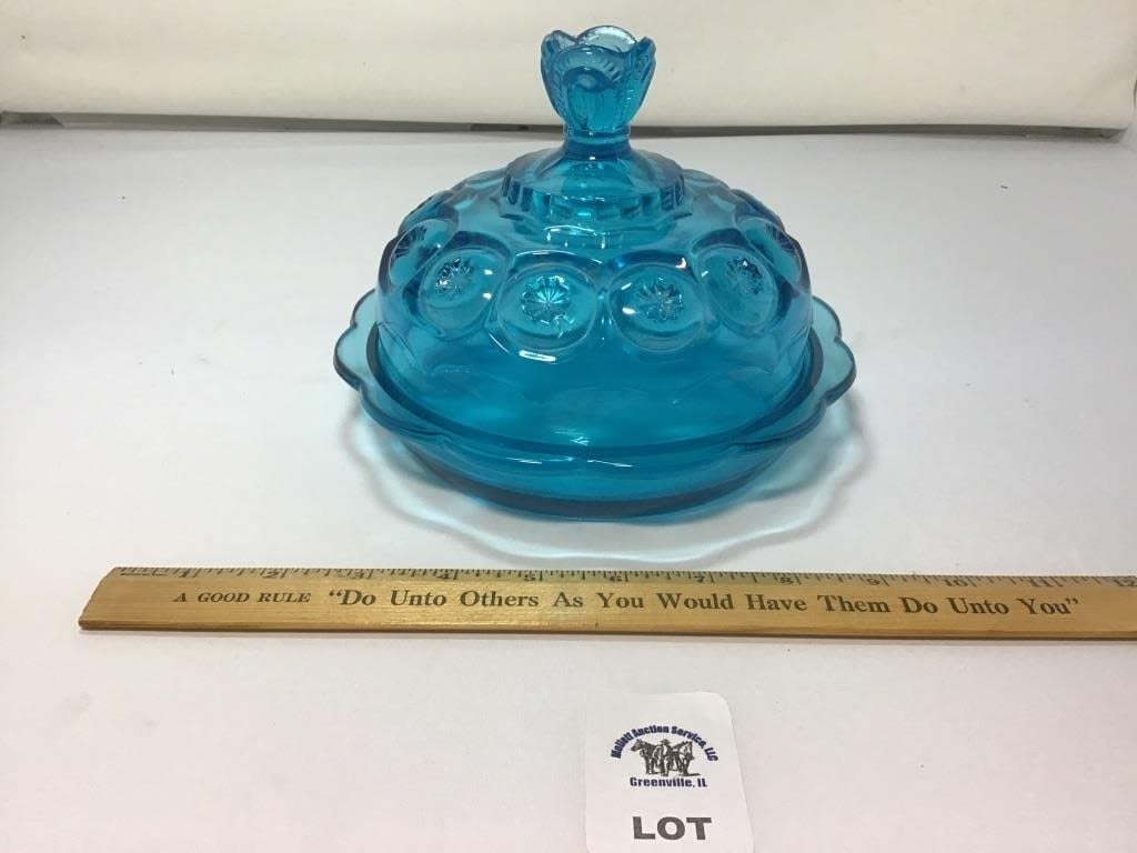 L E SMITH VINTAGE BLUE GLASS MOON & STARS COVERED (1 of 1)