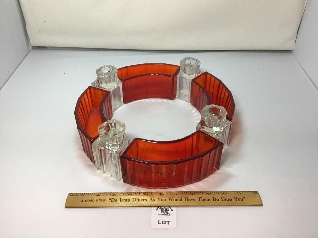 RED, CLEAR ART DECO RIBBED GLASS CIRCULAR VASE & (1 of 1)