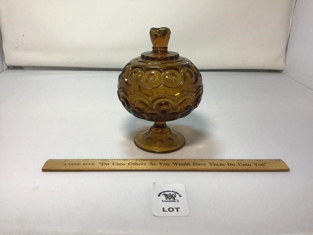 L E SMITH VINTAGE MOON & STARS AMBER GLASS LIDDED (1 of 1)