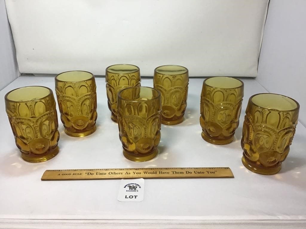 L E SMITH VINTAGE MOON & STARS AMBER GLASS: TUMBLERS 7 pcs