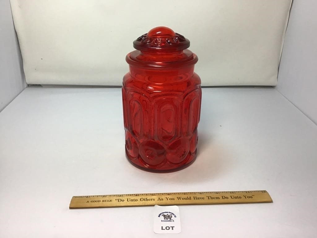 L E SMITH VINTAGE MOON & STARS RED GLASS COOKIE: JAR