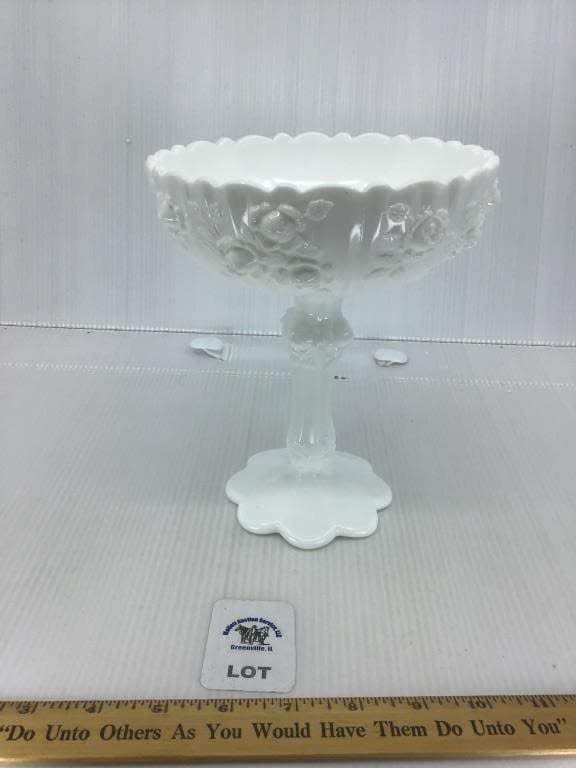 FENTON CABBAGE ROSE WHITE MILK GLASS COMPOTE (1 of 1)