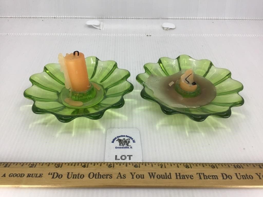FOSTORIA GREEN GLASS CANDLE HOLDERS (1 of 1)