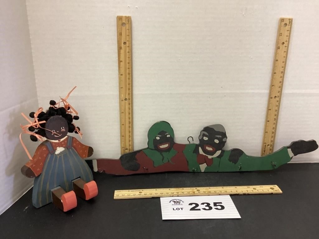 BLACK AMERICANA WOOD KEY HOOKS AND WOODEN DOLL: BLACK AMERICANA WOOD KEY HOOKS AND WOODEN DOLL