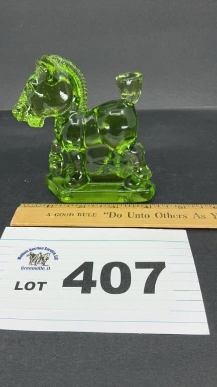 HEISEY GLASS IMPERIAL PLUG GREEN HORSE, 4 INCHES: TALL