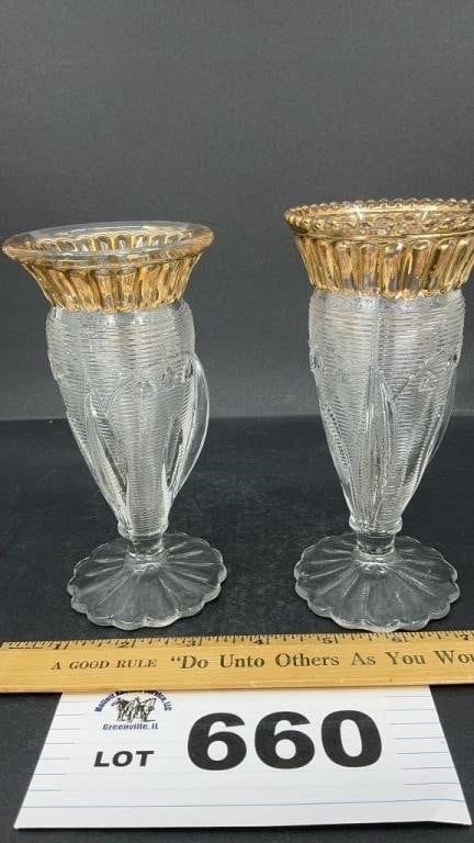 2 GLASS GOBLETS, DIFFERENT TOPS,: 2 GLASS GOBLETS, DIFFERENT TOPS,