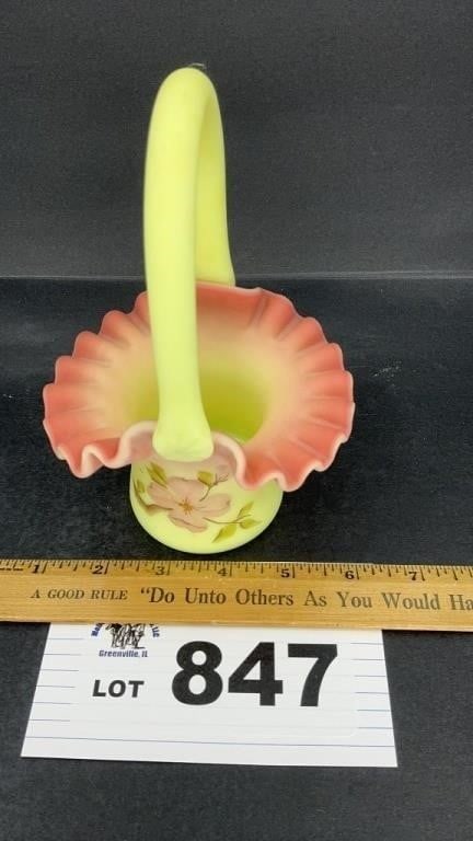 FENTON DOGWOOD BURMESE BASKET 7 INCHES TALL (1 of 4)