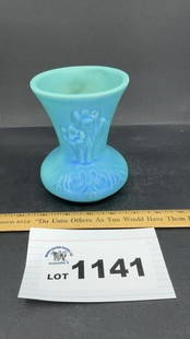 VAN BRIGGLE ART POTTERY TEAL BLUE FLARING RIM: FLORAL VASE 5 inches tall