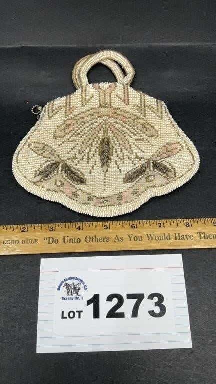 BEADED BAG CZECHOSLOVAKIA SILK LINING CREAM & (1 of 2)