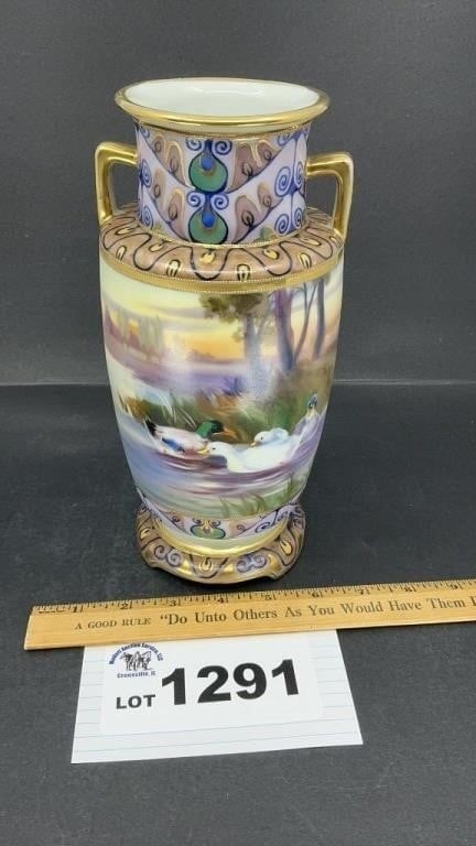 NIPPON HAND PAINTED PORCELAIN VASE 10 inches: tall