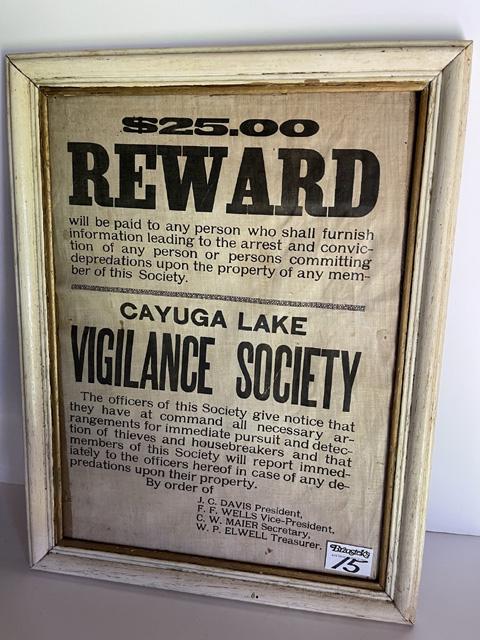 Cayuga Vigilance Society Reward Poster on Cloth, Framed (1 of 1)