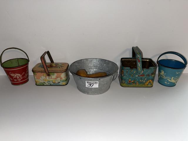 4 Antique Childs Tin baskets & covered tins & wash tub (1 of 1)