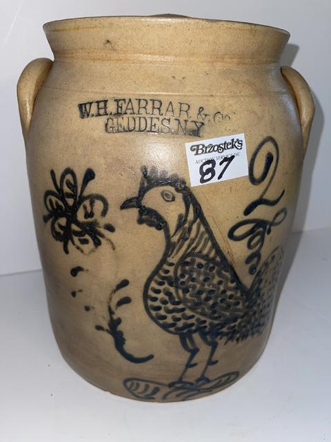 W.H. Farrar & Co. Geddes, NY 2 gal. Blue Decorated Rooster Stoneware 2 handle Cov. crock (1 of 6)