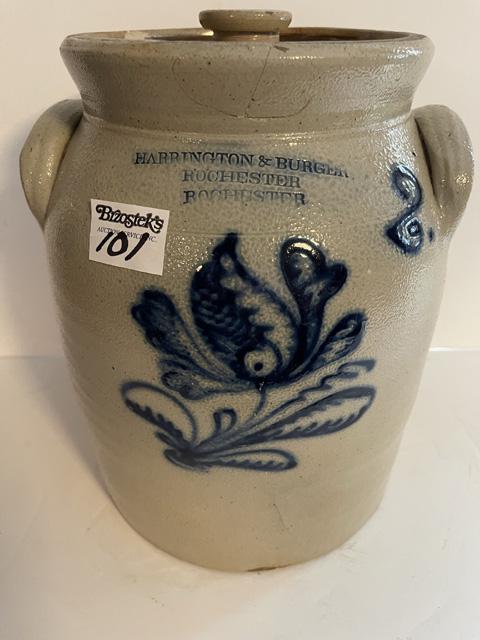 Harrington & Burger Stamped Twice Rochester 2 gal. Blue Decorated Stonware Covered Jar (1 of 6)