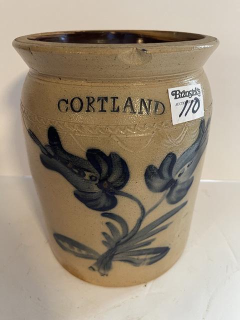 Cortland 1 gal. Dbl. Blue Tulip w/insized lines around the top Stoneware Jar (1 of 6)