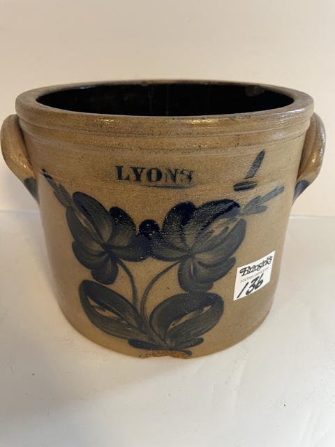 Lyons, 1 gal. 2 Handled Open Stoneware Crock w/Blue Decorated Flower (1 of 5)