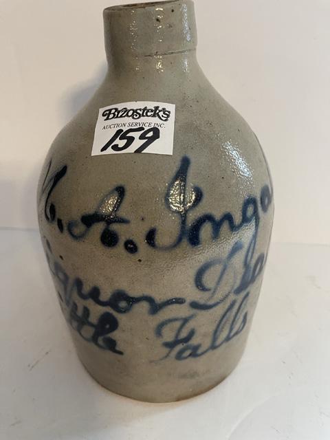 2 Qt. Blue Decorated Advertising Handle Stoneware Jug, MA Ingalls Liquor Dealer, Little Falls, NY (1 of 5)