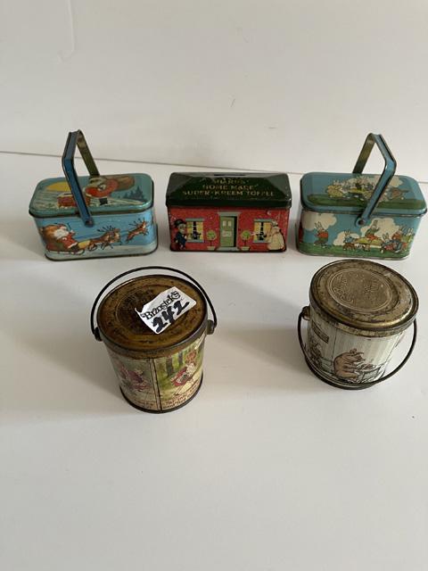 3 Rectangular & 2 Round decorated Children's Candy Tin Pails (1 of 2)