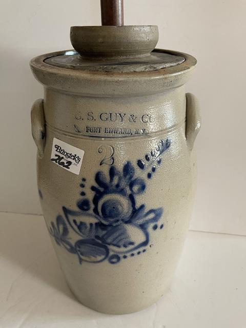 G.S. Guy & Co. Fort Edward, NY 2 gal. 2 Handle Butter Churn w/top & Butter Paddle w/Lg. Blue (1 of 5)