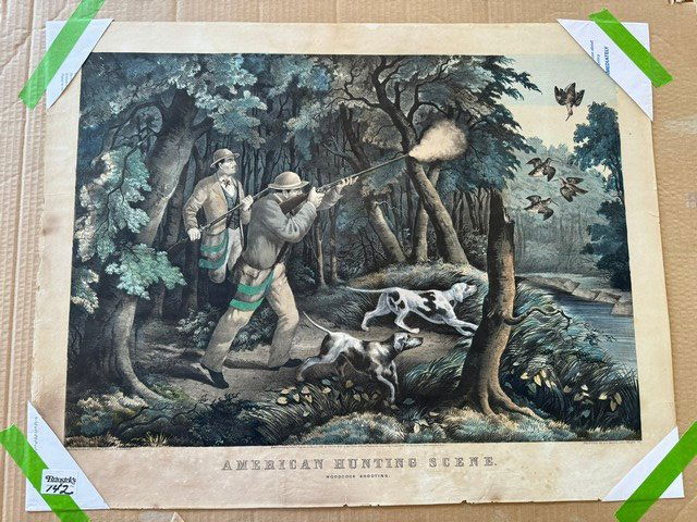 American Hunting Scene Woodcock Shooting Thomas Kelly, unframed: American Hunting Scene Woodcock Shooting Thomas Kelly, unframed, 28"w x 22"h