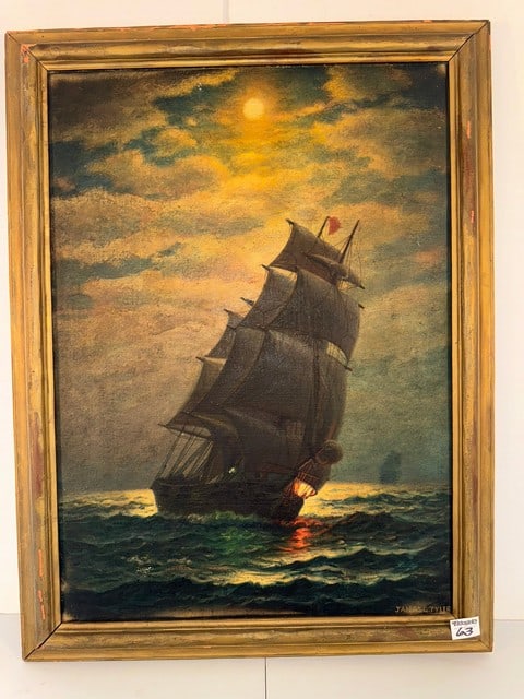 SGN. JAMES G. TYLER, CLIPPER SHIP OIL ON CANVAS, PAINTING SIZE 21"W X 29"H, FRAME 25.5"W X 33.5"H, (1 of 10)