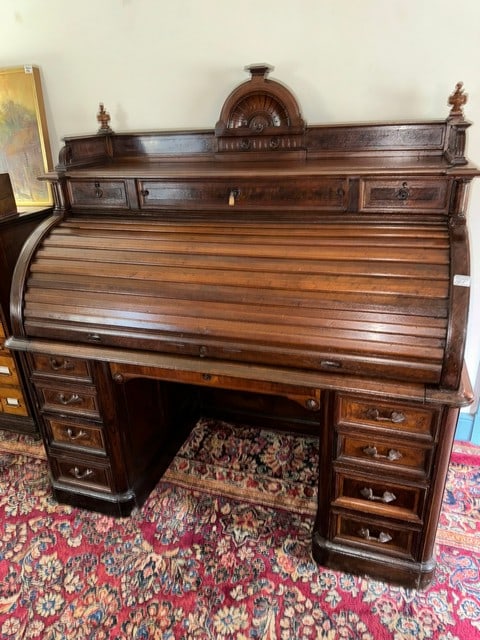 VICTORIAN WALNUT CYLINDER SLAT ROLL-TOP DESK, 59"WX32"DX62"H (1 of 8)