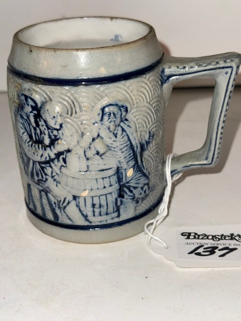 BLUE DECORATED STONEWARE MUG W/BUFFALO & TAVERN DRINKERS (1 of 2)