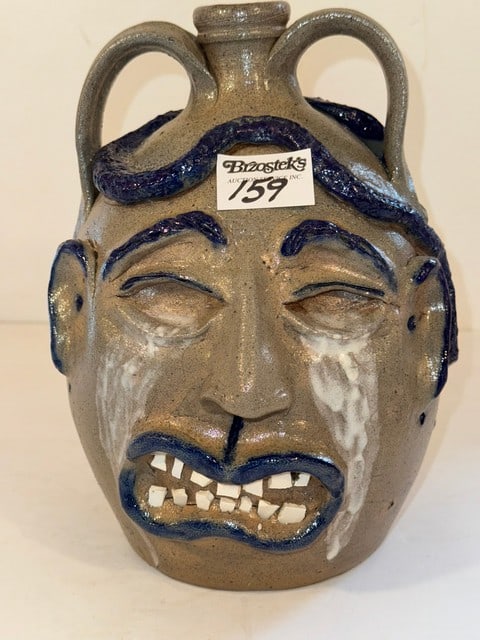 BILLY HUSSEY FACE JUG SIGNED CRYING EYES, DBL. SIDED FACE JUG, 7" DIA. X 10"H W/SNAKE (1 of 3)