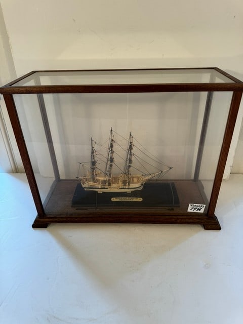 THE WHALE FRANKLIN FROM NATUCKET MASS., 18"W X 8"D X 13.5"H: BONE 3 MASTED SHIP MODEL IN GL DISPLAY CASE