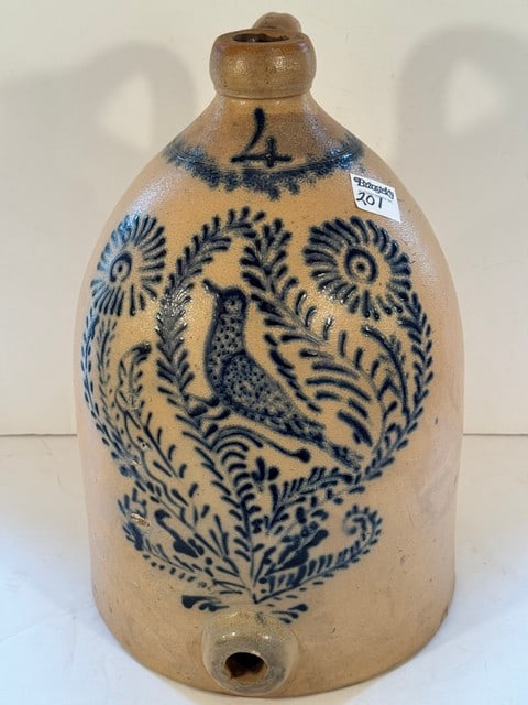 NYS BLUE DECORATED STONEWARE JUG, 11" DIA. X 16"H (1 of 8)
