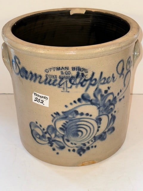 NYS OTTMAN BROS. & CO. FORT EDWARD, NY CROCK, 12" DIA. X 11"H X 1.5"L X 1/2"H TOP INSIDED RIM FLAKE (1 of 6)