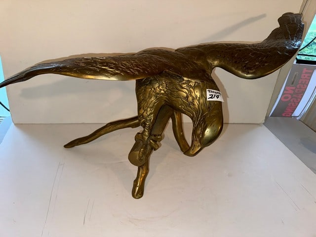 BRASS EAGLE ON BRANCH: 34" WING SPAN, 17" BEAK TO TAIL, 16"H