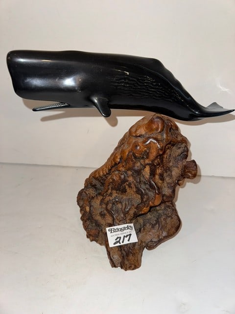 CARVED WOOD WHALE ON BURL WOOD BASE-JOHN PERRY, 10"H X 11"L X 7"W: CARVED WOOD WHALE ON BURL WOOD BASE