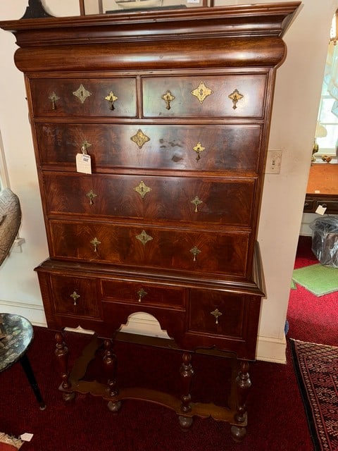 MAHOGANY VINEER WILLIAM & MARY 2PC. PERIOD HIGHBOY, 38"W X 20"D X 68"H (1 of 8)